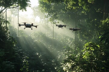 Fototapeta premium Drones surveying jungle canopy at sunrise