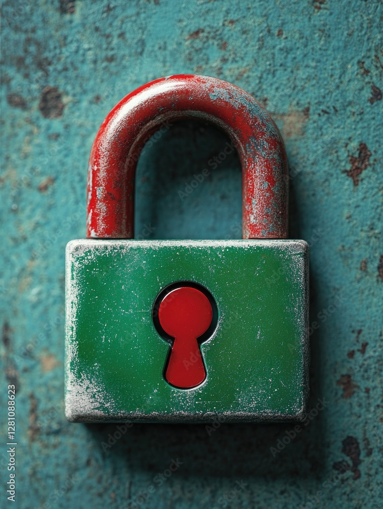 Poster a padlock with a red key, symbolizing secure storage or confidentiality.