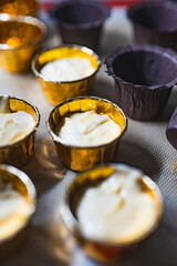 Baking process of chocolate vanilla cupcake dessert, meditation, healthy organic low sugar diet, small bakery, home baking, self care and happiness, batter in stainless steel spoon