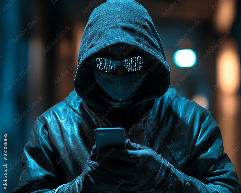 Poster cybercriminal holding mobile phone displaying code on screen, examining data breach, mobile phone se