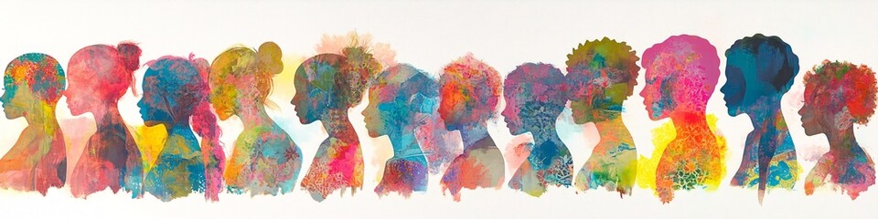 Naklejka premium Vibrant and Colorful Artistic Collage of Silhouetted Female Profiles with Abstract Textured Layers
