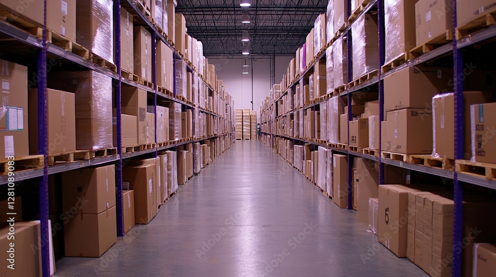 Poster a spacious warehouse filled with neatly stacked cardboard boxes on pallets, creating organized aisle