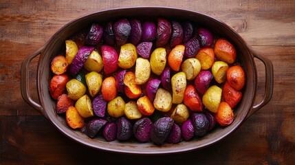 Colorful potatoes and sweet potatoes in a cast iron pan.
