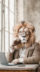 Fototapeta premium Regal lion in a tailored business suit working at a laptop in a bright office environment