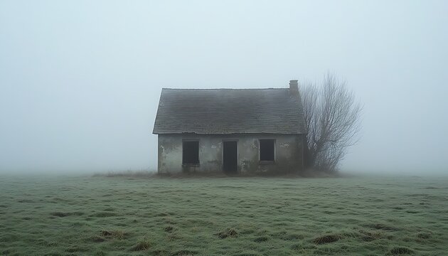 An abandoned solitary house sits shrouded in the heavy morning fog