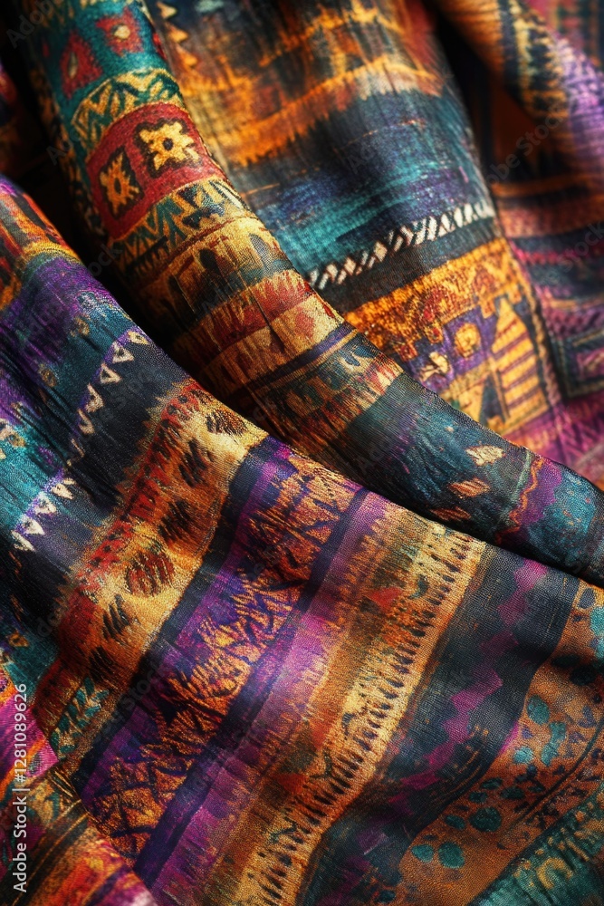 Poster close-up of multicolored quilted fabric with intricate patterns and weaving texture. perfect for fas