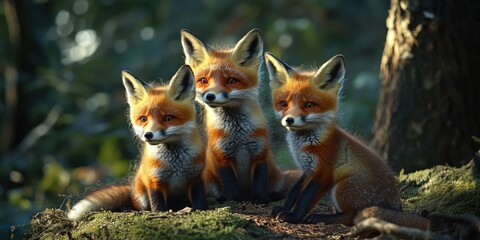 Fototapeta premium A trio of foxes sitting together on the forest floor, showcasing their natural environment.