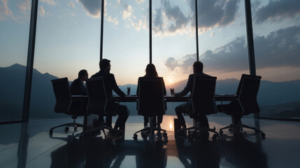 Business meeting silhouette with mountain view at sunset, showcasing teamwork and collaboration in modern office setting