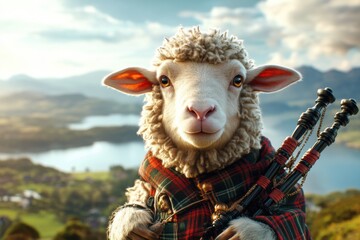 Sheep plays bagpipes while dressed in traditional Scottish kilt on scenic hillside