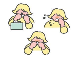 花粉症アレルギー症状　鼻水　くしゃみ　鼻づまり　イラストセット