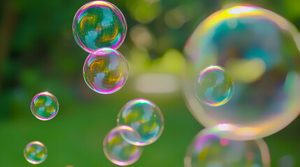 Colorful soap bubbles floating in the air against a blurred green background