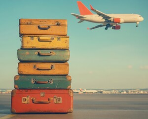 Stack of old suitcases waiting at air terminal, airplane above, holiday makers prepping for summer vacation, vibrant airport scene, travel business and baggage check