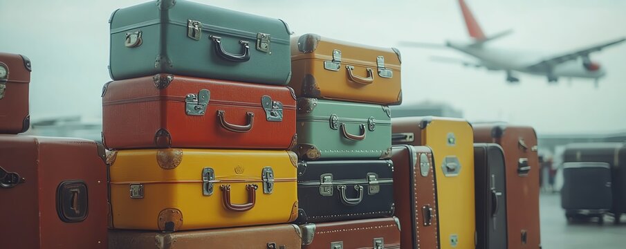 Stack of classic suitcases at air terminal, airplane in flight, holiday makers ready for their trip, summer vacation atmosphere, travel and baggage check, airport scene