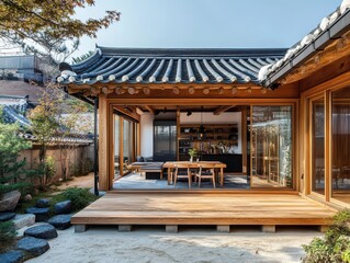Naklejka premium Traditional Korean home with wooden deck interior and exterior details