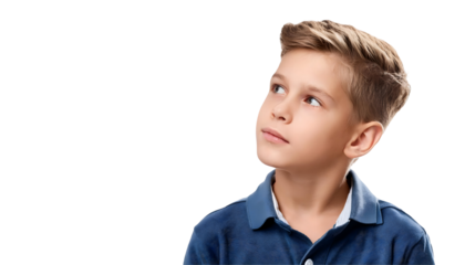 Portrait of a curious young boy, thinking and looking up, isolated on transparent background