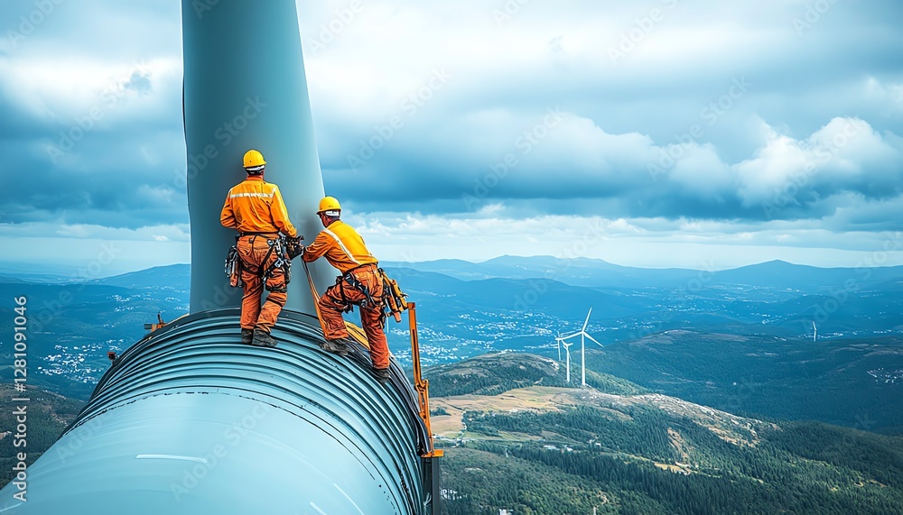 Poster technicians performing precise repairs on wind turbine blade with crane, ecofriendly renewable energ