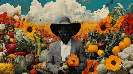 Surreal portrait of a man amidst harvest bounty and sunflowers