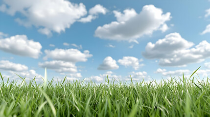 Fototapeta premium Lush green grass blades grow under a bright blue sky filled with fluffy white clouds on a sunny day.