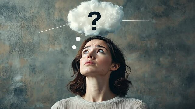 A woman deep in thought with a question mark-filled thought bubble above her head.