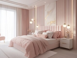 Elegant bedroom showcasing modern and luxurious design elements in pink