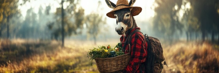 Tired donkey in farmer overalls carries basket of vegetables under sunny sky in rustic field