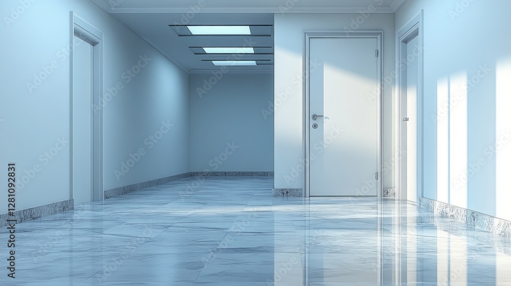 Aufkleber sunlight pours gently through skylights, illuminating a spacious white room. an open door beckons ex