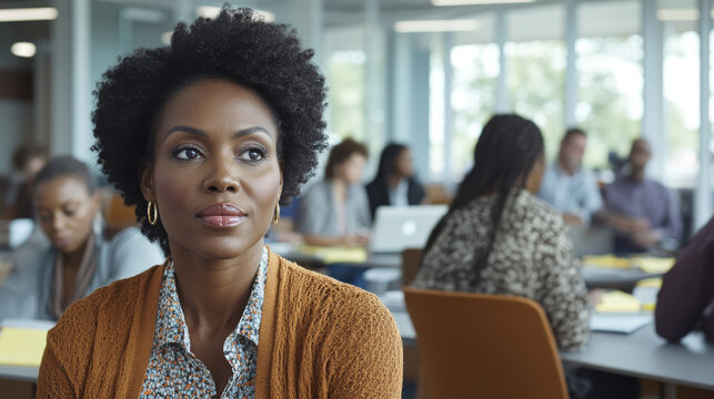 woman with curly hair sits thoughtfully in modern office environment, surrounded by colleagues engaged in discussion. Her expression reflects focus and contemplation