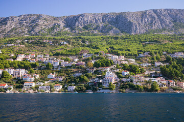 Panoramic view to a village at Omis riviera from the sea, Omis, Omis riviera, Omis, Dalmatia, Croatia	