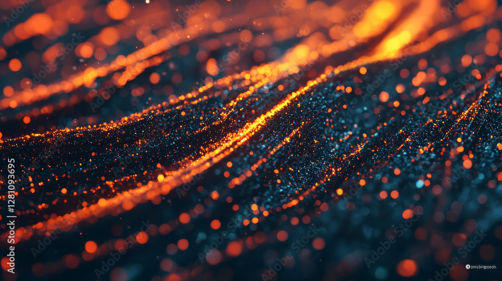 Poster vibrant abstract composition of glowing particles and flowing textures in dark space.