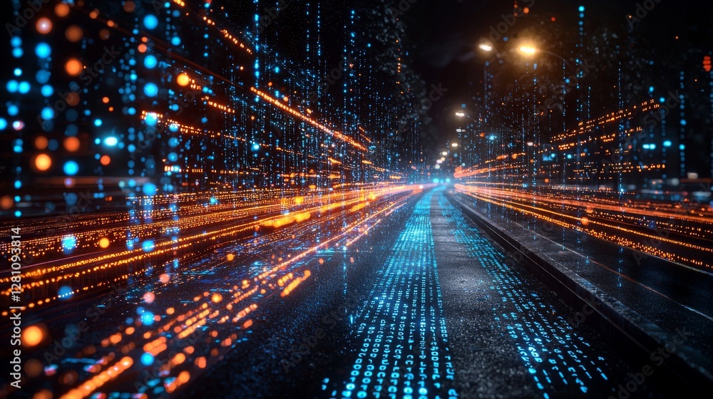Poster a modern digital illustration depicting binary code streaming in a blue channel