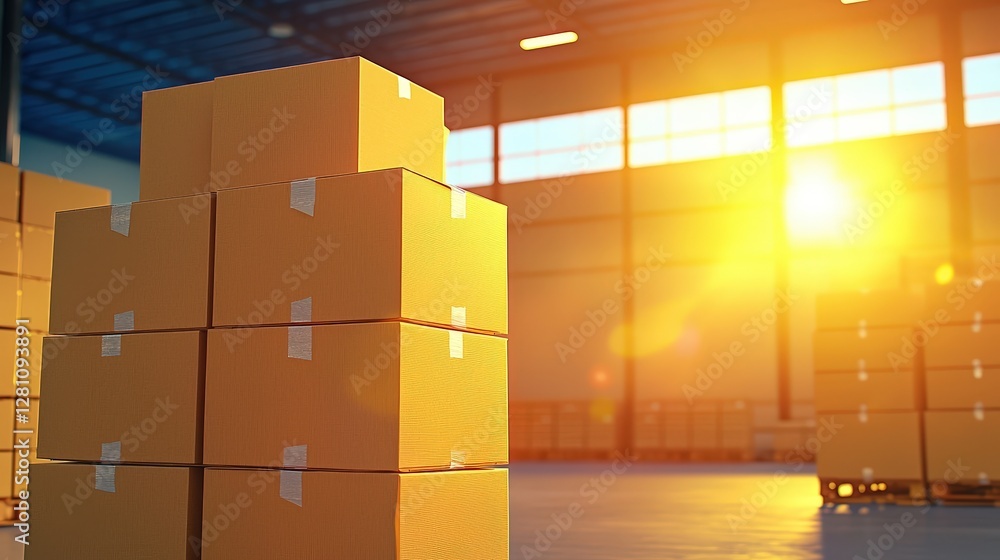 Poster a warm-lit warehouse scene featuring stacked cardboard boxes, illuminated by the soft glow of a sett