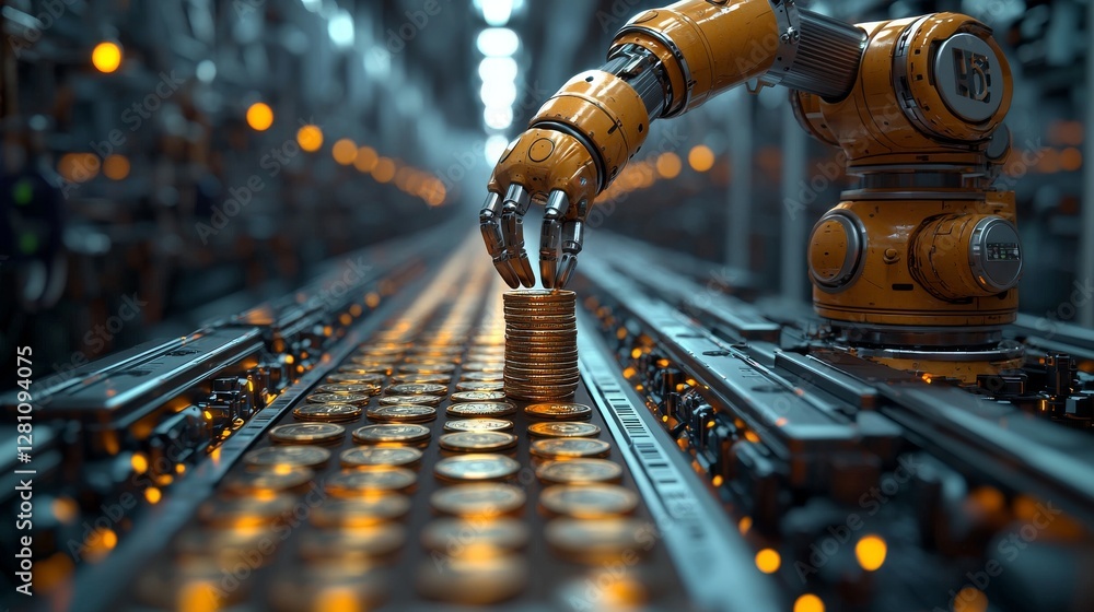 Poster high-tech robotic arms stacking coins, representing automated wealth generation