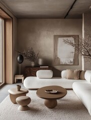 A minimalistic living room with stylish modern furniture present