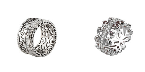 Silver Ring with Intricate Swirl Patterns and Diamond Accents isolated on transparent background PNG