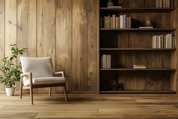 A sleek, modern living room with a wooden bookshelf, armchair, and decor set against a wood-paneled wall. 3D Rendering
