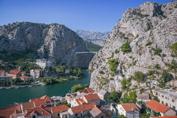 Obraz premium View to Omis and Cetina river with mountains, Omis, Dalmatia, Split, Croatia 