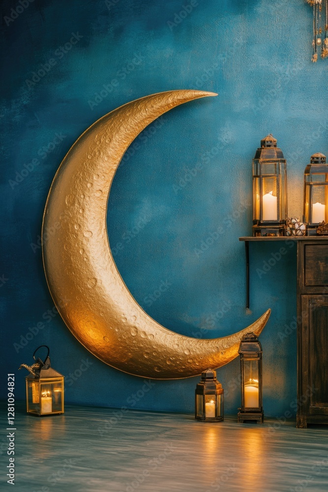 Poster this image captures the warm, illuminated glow of a gold-colored crescent moon as a decorative featu