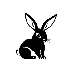 Cute Black Rabbit Sitting Facing Right on White Background.