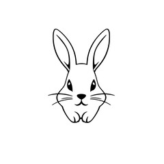 Bunny head with long ears and whiskers, outlined on a white background, simple lines, minimalist.