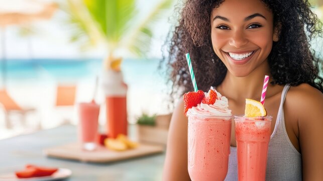 A cheerful woman enjoys two glasses of refreshing fruity drinks garnished with strawberries and lemon slices. - Powered by Adobe
