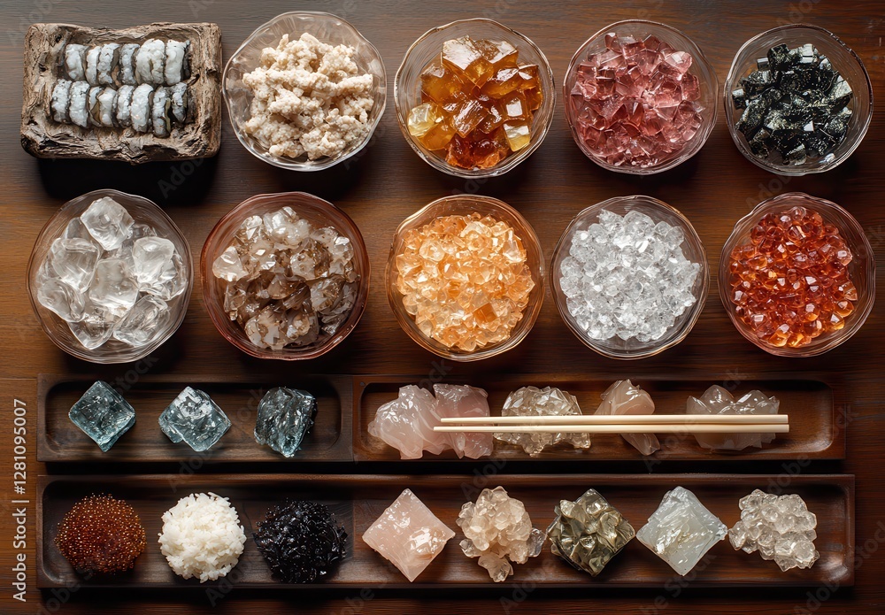 Poster assorted colorful sugars and candies displayed in bowls on wooden tray with chopsticks and textured 