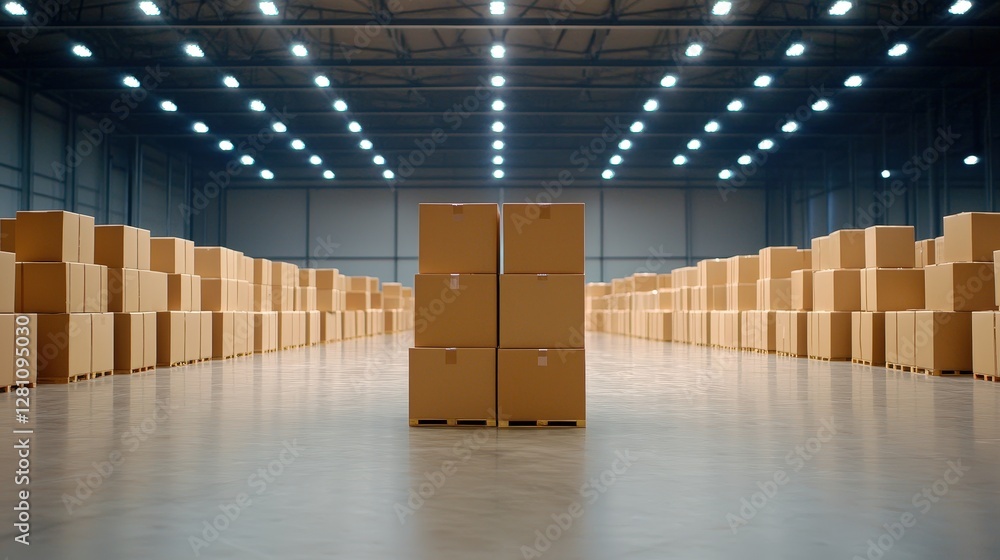 Poster a spacious warehouse filled with neatly stacked cardboard boxes, illuminated by bright overhead ligh