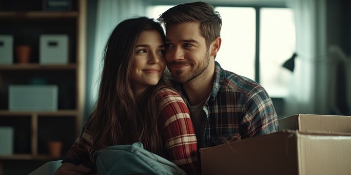 A young couple embracing and smiling over their moving boxes, a heartwarming scene that captures the essence of love and togetherness in the midst of transition.