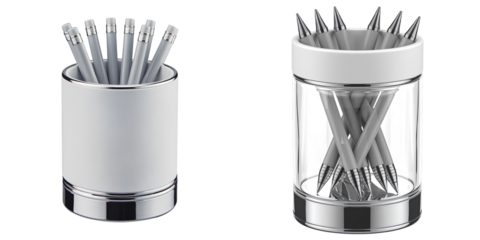 Silver-Base White Cylindrical Pen Holder with Gray Pens isolated on transparent background PNG