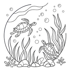 Fototapeta premium Turtle Coloring Page: Printable Ocean Scene with Sea Turtles, Seaweed, Bubbles, and Rocks - Relaxing Underwater Art for Kids and Adults