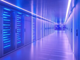 A room with rows of servers, illuminated by blue lights in a large technology center.