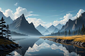 mountains and trees are reflected in a still - flowing lake