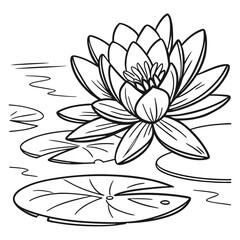Lotus Flower Coloring Page: Detailed Line Art of Water Lily with Pads for Kids & Adults - Printable Floral Illustration for Relaxation