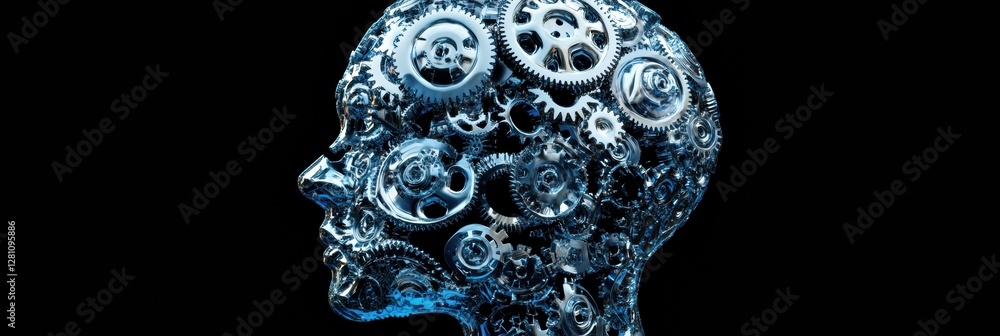 Poster human head contour filled with interlocking gears and cogs reflecting the essence of artificial inte