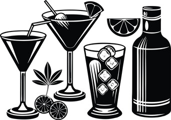 Cocktails, drinks glasses vector icons set